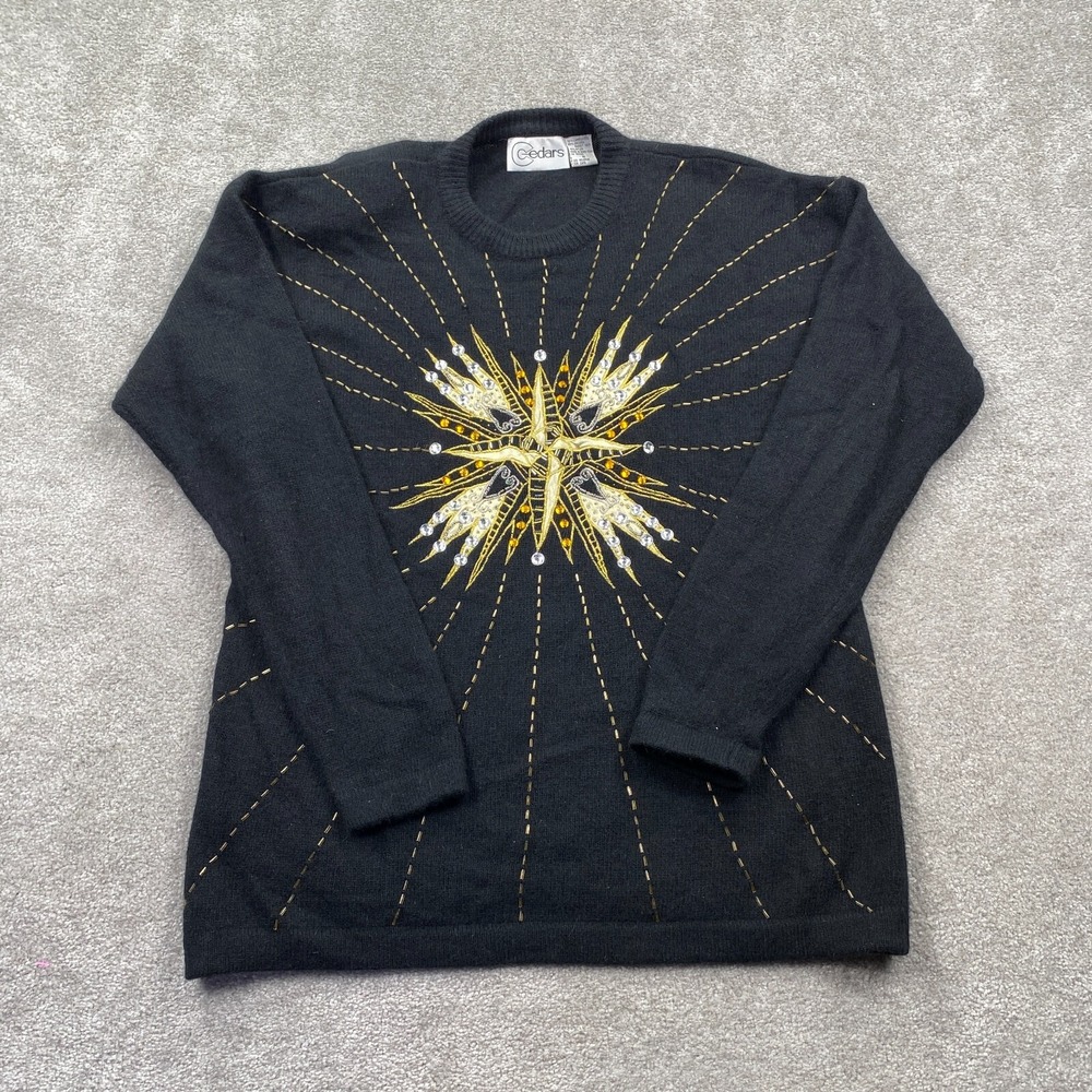 Cedars Embellished Sequins Crew Neck Wool Knitted Sweater Women's Size M Black